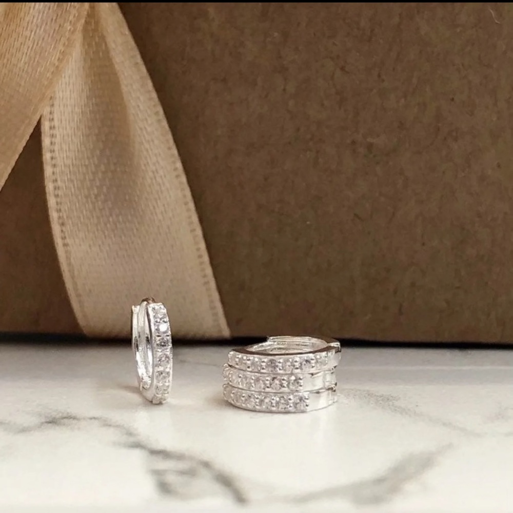Silver ★ Huggie Cartilage CZ Pave Hoop Earrings